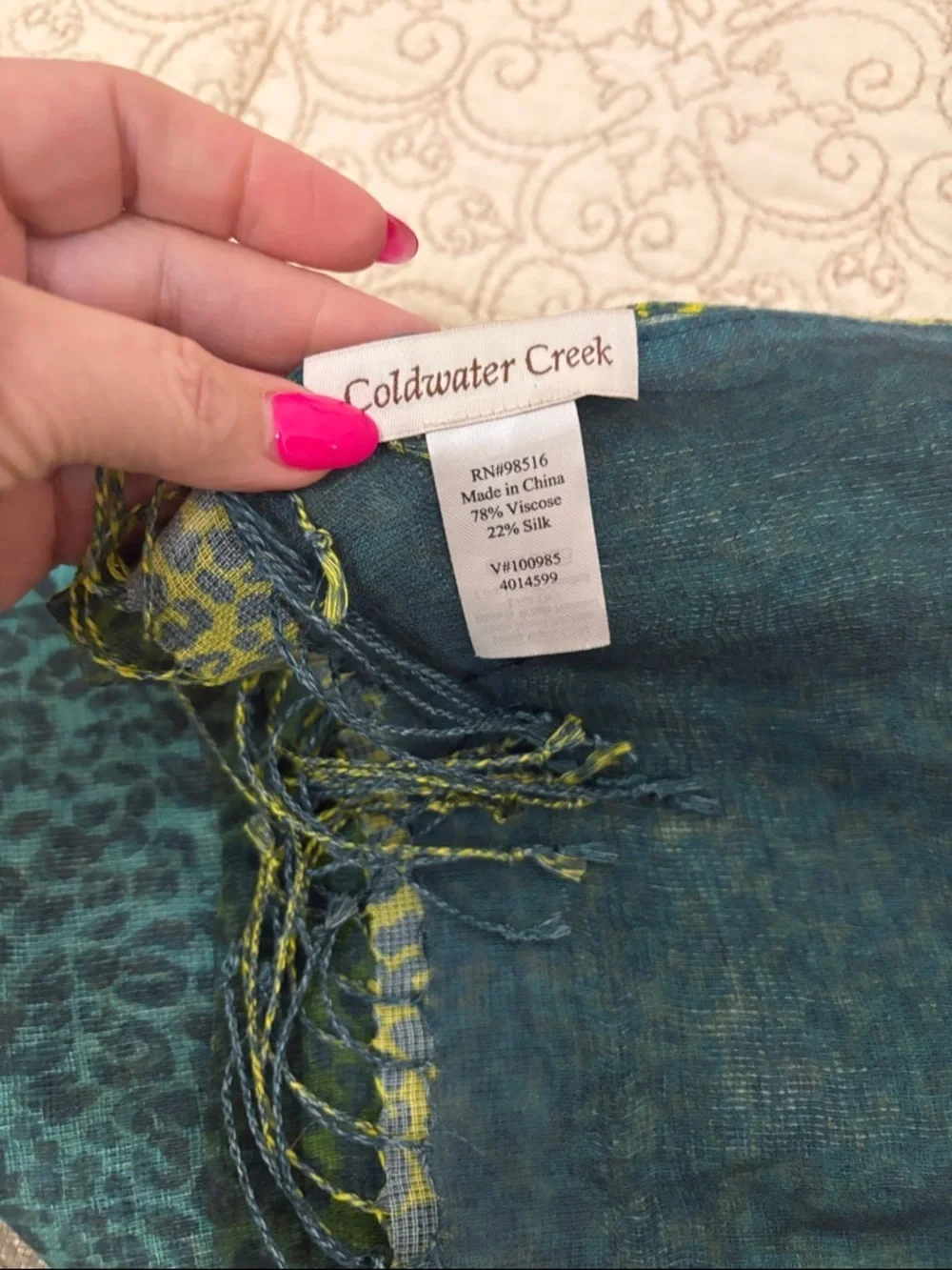 Coldwater Creek leopard Teal ombre to lime yellow Fringe Scarf SILK overlay